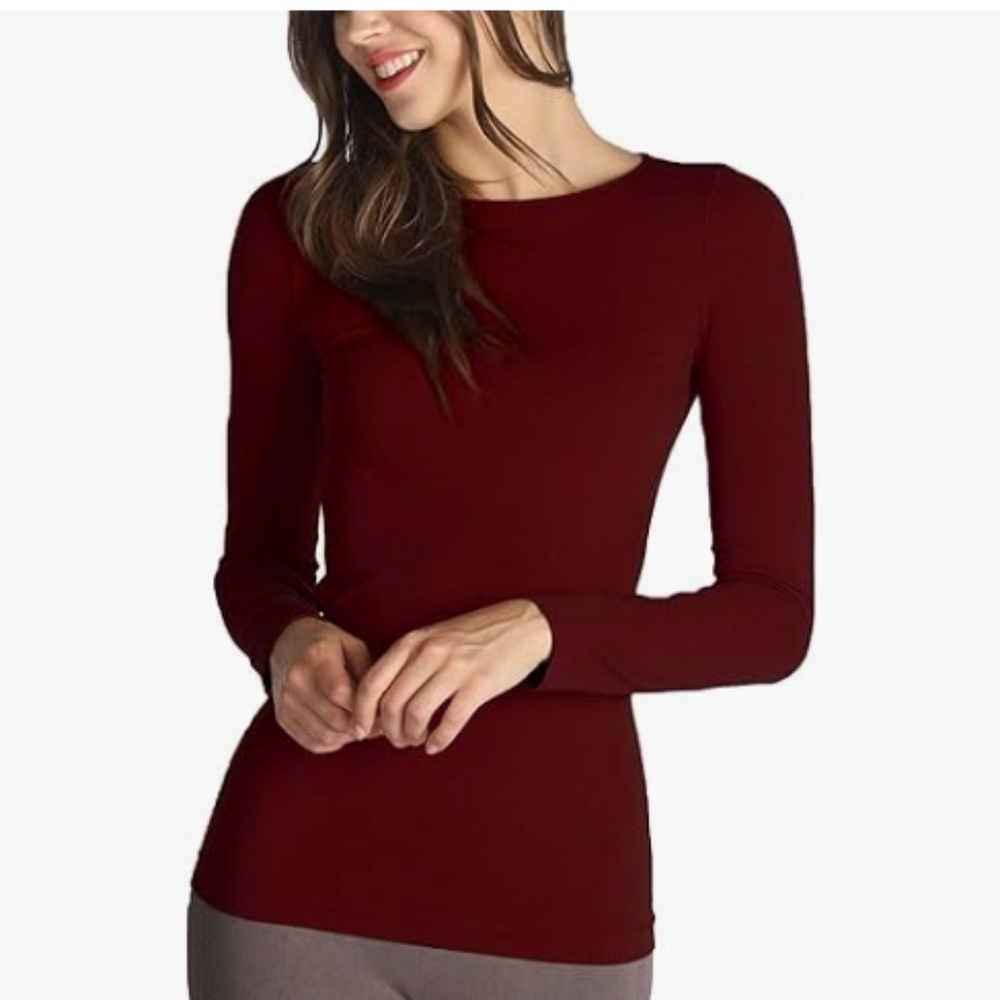 Women's Seamless Long Sleeve Crew Neck Top- Nikibiki./burgandy,OS, New